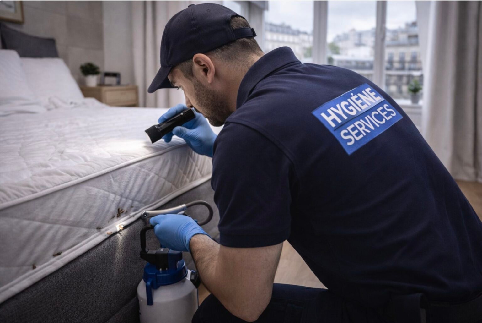 technicien professionnel inspectant un matelas pour traitement contre les punaises de lit