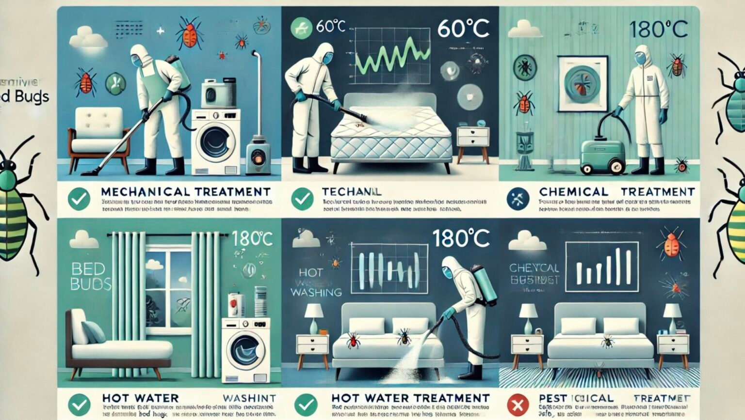 Comparaison des 4 méthodes de traitement des punaises de lit : traitement mécanique (aspiration et lavage à 60°C), traitement thermique (vapeur sèche 180°C), traitement chimique (insecticide professionnel) et traitement combiné pour éliminer les punaises de lit efficacement